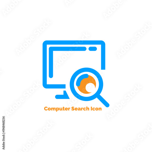 Computer search icon featuring a blue desktop monitor and orange magnifying glass for browsing digital files and finding information

