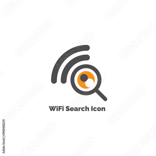 WiFi search icon featuring gray magnifying glass with orange lens and signal waves for wireless network discovery and connectivity
