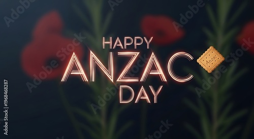Happy anzac day greeting with poppy flowers, rosemary and anzac biscuit
