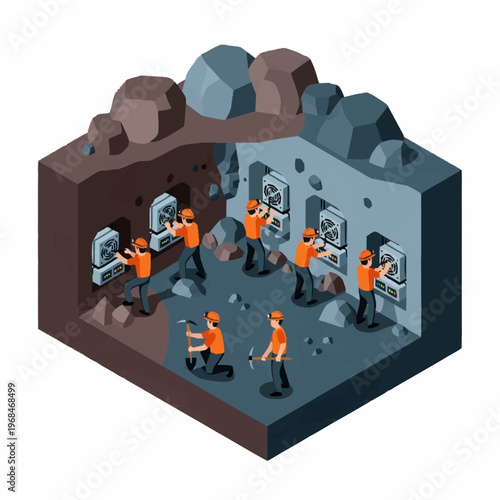 Isometric Cryptocurrency Mining Operation with Workers.