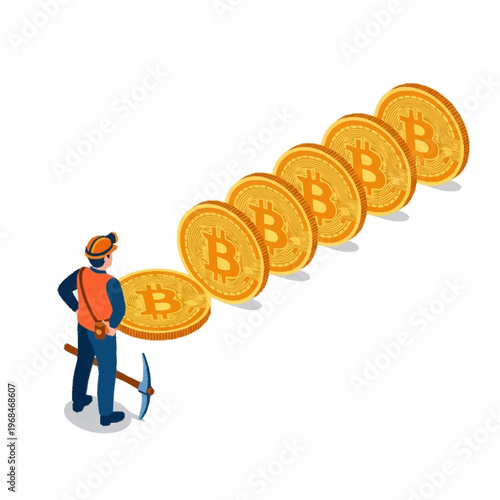 Isometric illustration of a man mining bitcoins, symbolizing cryptocurrency investment and digital finance.