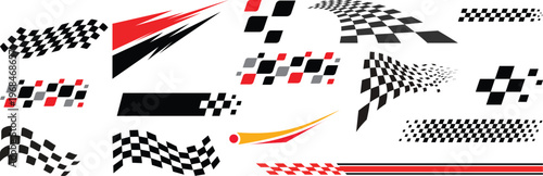 Racing checkered flag elements set, speed motion stripes patterns, motorsport design collection, flat vector illustration isolated.Set of Racing Themed Graphic Design Elements and Icons.