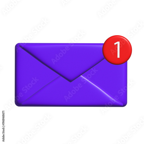 Purple envelope with notification badge and number one isolated on transparent background