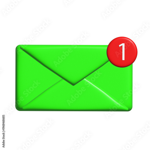 Green email envelope icon with notification badge isolated on transparent background