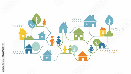 Colorful illustrated community scene with houses, trees, and stick figures