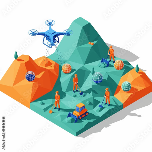 Isometric illustration of drone surveying mining operation with workers and machinery.