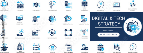 digital  tech strategy solid icon set. innovation, planning, cloud computing, cyber security, artificial intelligence, data, transformation, future. editable vector illustration collection set.