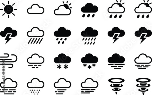 Weather forecast glyph icon set, clean black vector symbols depicting various weather conditions including sun rain storms and wind for user interface and digital design.