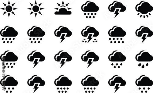 Weather forecast glyph icon set, versatile solid black icons showing sun rain storms wind and other meteorological conditions for UI and app design.