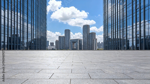 Modern Cityscape with Glass Skyscrapers and Empty Plaza