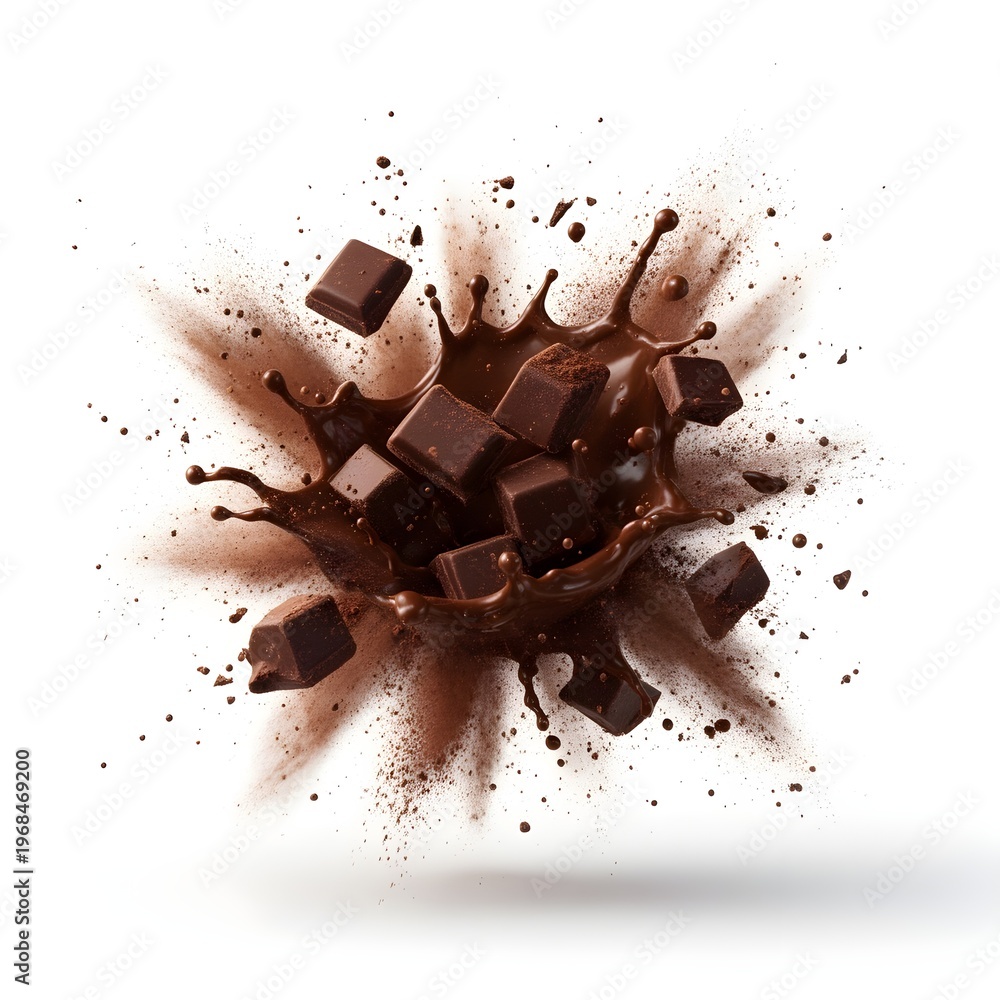 Fototapeta premium Dynamic Explosion of Dark Chocolate Chunks and Splashes, Isolated on White