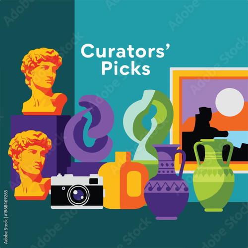 Colorful illustrated composition with art elements, photography, and text