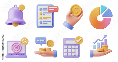 3D Financial and Business Icons Pie Charts, Money, Calculator, and More