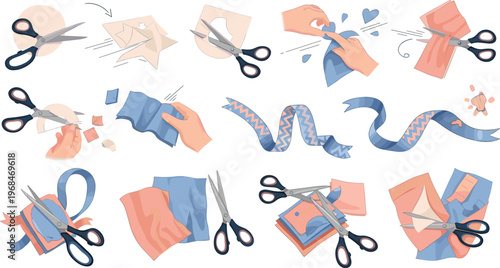 Paper cutting and crafting process vector set featuring scissors hands creative DIY steps collage making and handmade design workflow illustration
