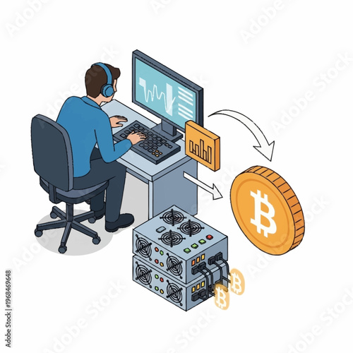 Man mining cryptocurrency with computer and specialized hardware.