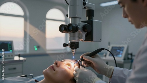 Close-up of a surgeon using advanced equipment to perform eye surgery on a patient in a modern operating room.