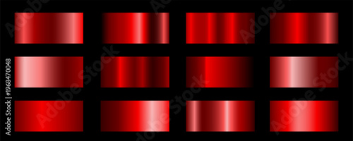 Red metallic color gradients collection. Bright set of colorful gradient swatches with vivid high-contrast transitions for modern digital design. Premium rgb palette