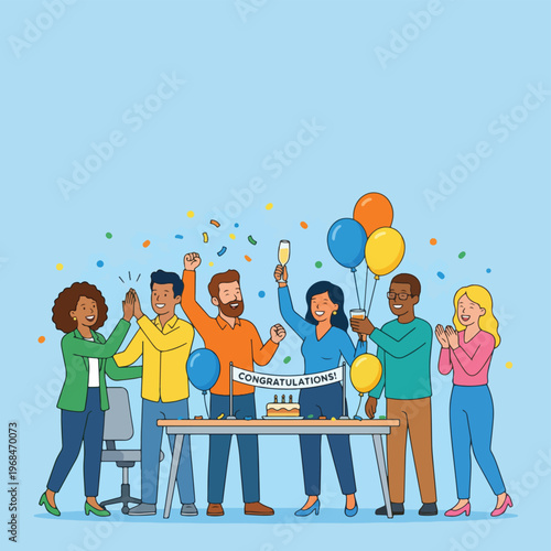Happy business team celebrating success with balloons and cake in office flat vector illustration