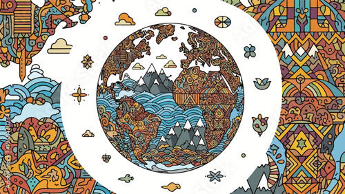 Colorful illustrated Earth with surrounding patterned designs and decorative elements