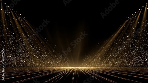 Golden Stage Opening With Light Sparkle, Spotlight, Gold Dust and Dark Background