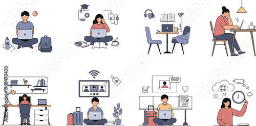 Remote work and online learning lifestyle vector set featuring people studying working from home virtual meetings productivity and modern workspace scenes