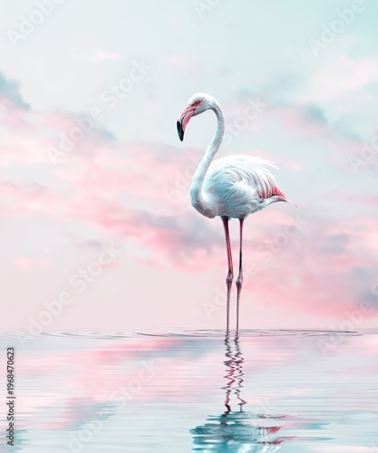 Elegant flamingo in the foreground standing in shallow water, soft ripples and pastel sky reflected below