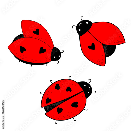 Cartoon set of kawaii ladybug baby characters. Ladybird icon with a cute hearts on wings. Isolated vector illustration on white.