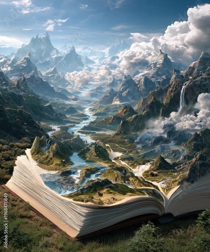 A Giant open storybook in the foreground where the pages transform into a flowing landscape of mountains, rivers and forests