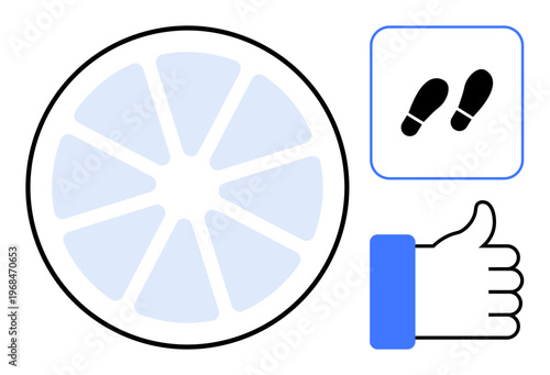 Conceptual design. a wheel, footprints, and thumbs-up icon, this visual explores thumbs up progress, decision-making, and positive reinforcement. Ideal for business, innovation navigation