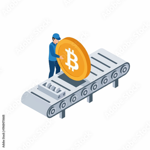 Worker placing a large bitcoin on a conveyor belt.