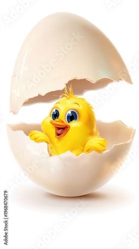 HAPPY EASTER yellow chick cracking egg and coming out smiling
