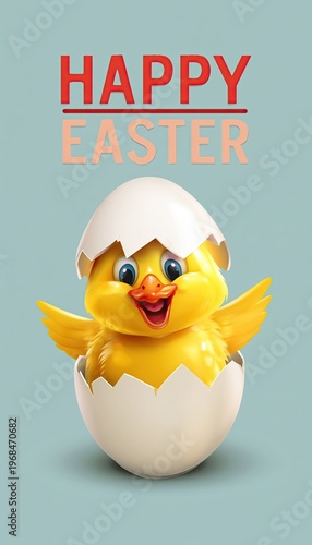 HAPPY EASTER yellow chick cracking egg and coming out smiling
