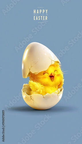 HAPPY EASTER yellow chick cracking egg and coming out smiling