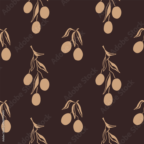 Stylized olive branches gold silhouettes seamless pattern. Vector illustration background.