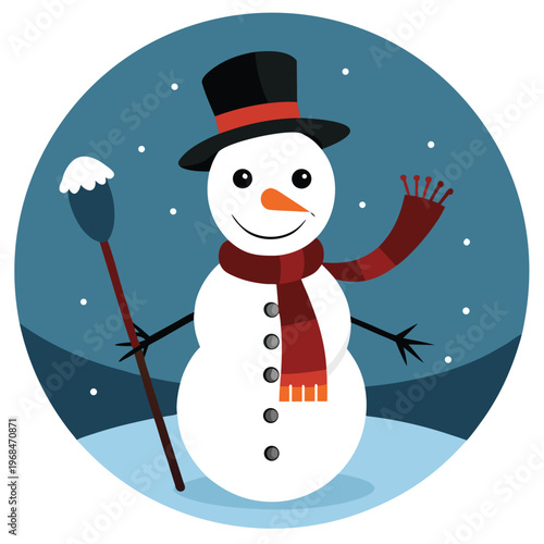 Modern silhouette of a round snowman with scarf and carrot, minimalist winter icon