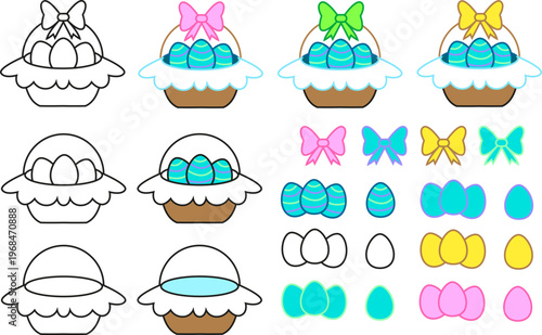 Comprehensive vector set featuring cute Easter baskets with painted eggs in full color and clean line-art versions with separate, editable elements. Ideal for designers needing customizable assets for