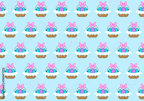 Lively seamless background pattern showcasing charming Easter baskets with ribbons and decorated eggs against a crisp blue field. This fresh and clean design is ideal for seasonal nursery decor, boy's