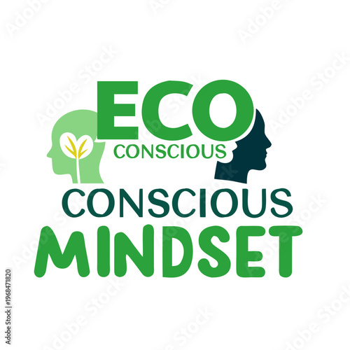 Ecological conscious mindset concept icon featuring human profile silhouettes and green text