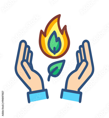 Protecting nature icon with hands holding flame and leaf for energy conservation and growth