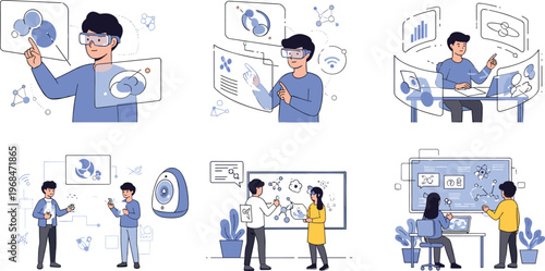 Scientific research and data analysis vector set featuring scientists laboratory experiments innovation technology charts collaboration and modern science workflow scenes