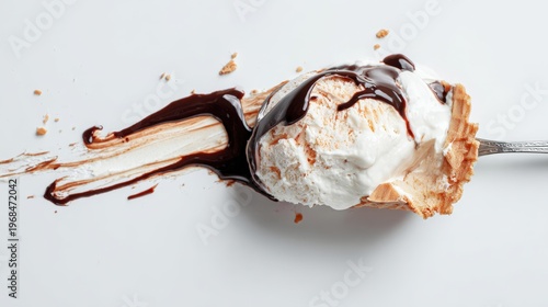 Top view of melting ice cream with bite taken, fun and real, on white background