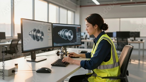 A female engineer in a high-visibility vest works at her desk with two monitors displaying CAD models of mechanical components, focused on design and development.