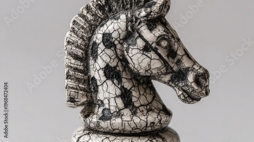 Vintage knight chess piece with cracks and chipped base, close-up on white