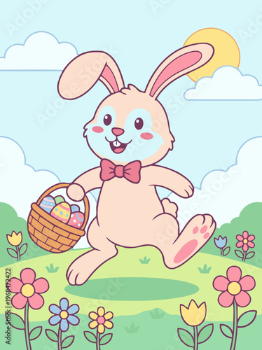 Happy easter bunny in easter meadow with eggs