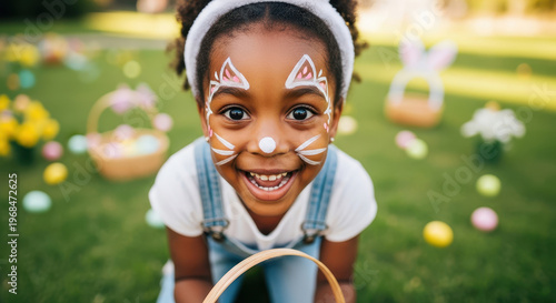 A happy smiling child black girl holds a basket with colorful Easter eggs during the Easter Hunt.