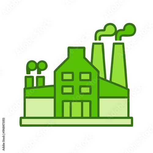 Green factory building with smokestacks and smoke, concept of industry and pollution