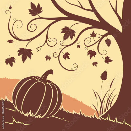 Rustic Pumpkin Silhouette with Vine Accents, Fall Harvest Symbol, Hand-drawn Autumn Style