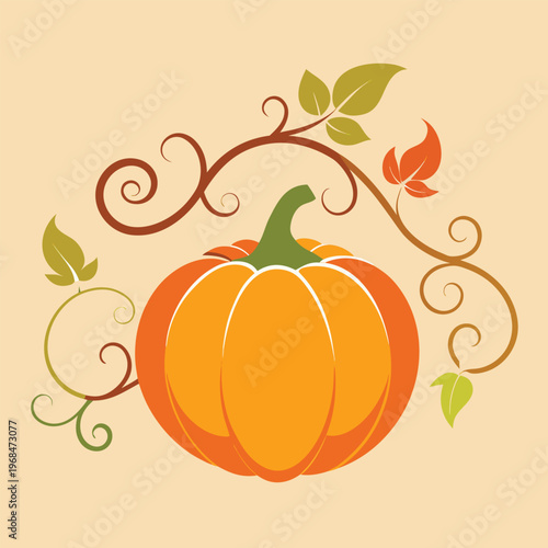 Outline Pumpkin Silhouette with Detailed Vines, Autumn Harvest Illustration, Fall Season Art