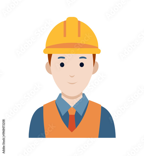 Professional male construction worker avatar wearing yellow hard hat and orange safety vest