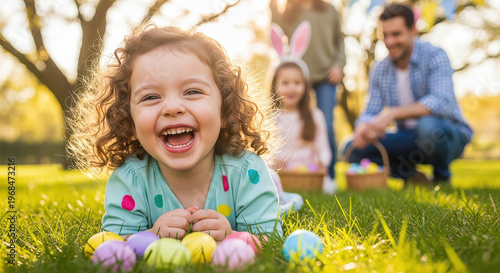 Happy Easter.  A happy smiling kid girl holds a basket with colorful Easter eggs during the Easter Hunt